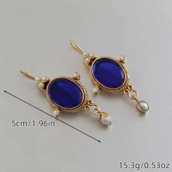 Elegant Blue and Gold Earrings with Pearl Accents - Picture 2 of 2